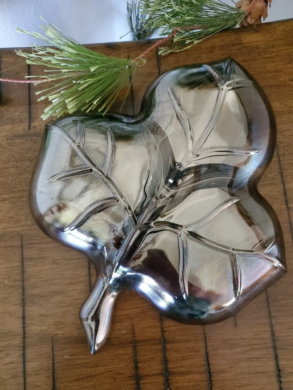 Vintage MCM Mercury Glass Divided Maple Leaf Dish Silver Lusterware